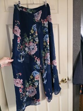 Sweet Pea Navy Floral Wide-Leg Pants with Pink & Blue Blooms
